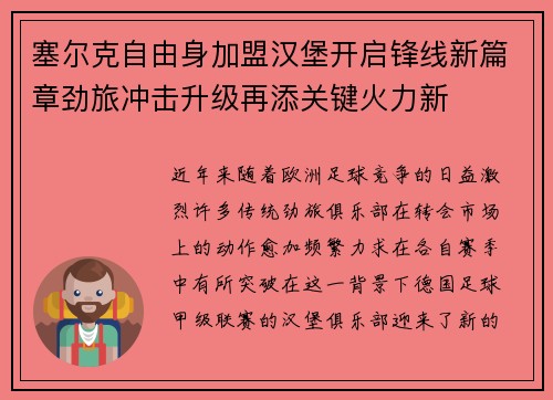 塞尔克自由身加盟汉堡开启锋线新篇章劲旅冲击升级再添关键火力新