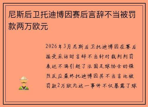 尼斯后卫托迪博因赛后言辞不当被罚款两万欧元